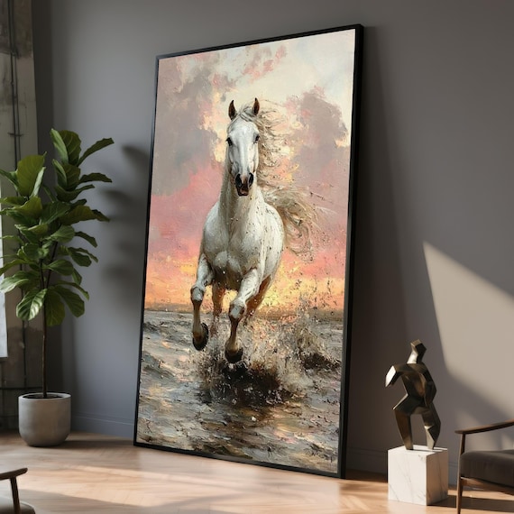 White Horse Canvas Painting, Running Stallion Wall Art, Sunset Ocean Scene Decor, Powerful Animal Artwork, Nature Lover Gift Idea