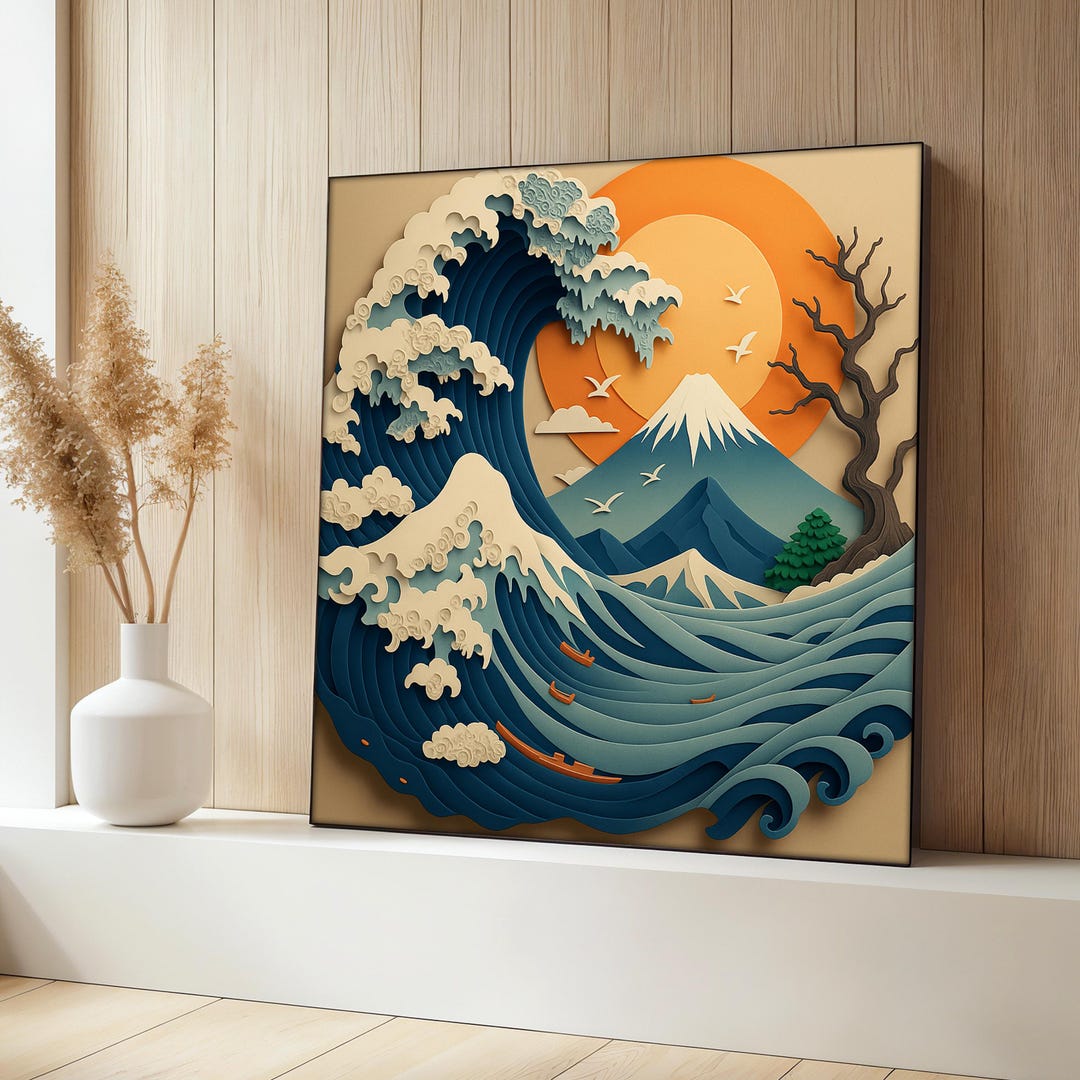 Japanese Wave Canvas Painting, Mount Fuji Wall Art With Sunset and ...