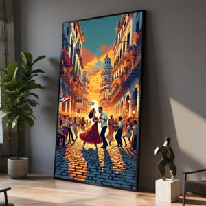 May include: A framed art print depicts a vibrant street scene in Cuba. A couple dances in the foreground, surrounded by musicians and onlookers. The artwork features a cobblestone street, colorful buildings, and a sunset sky, with Cuban flags visible.