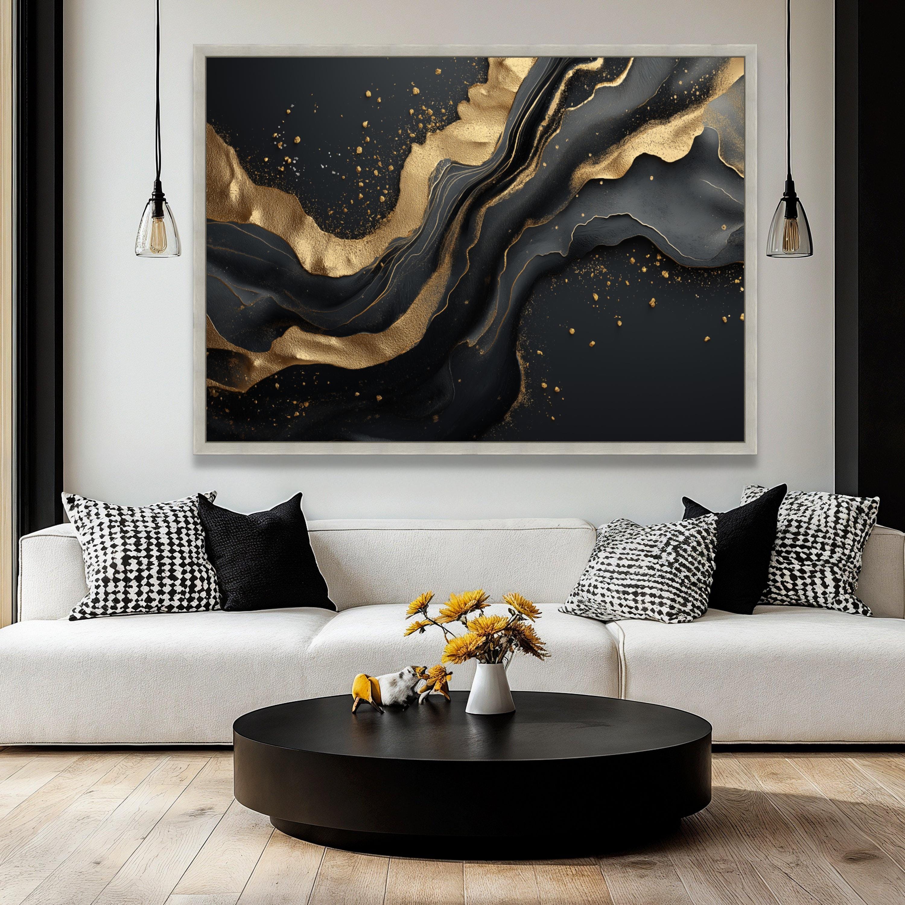 Elegant Black and Gold Abstract Canvas, Modern Metallic Wall Art ...