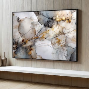 Modern Abstract Canvas Painting, Neutral Marble Look Wall Art with Gold Accents, Elegant Living Room Decor, Unique Art Gift