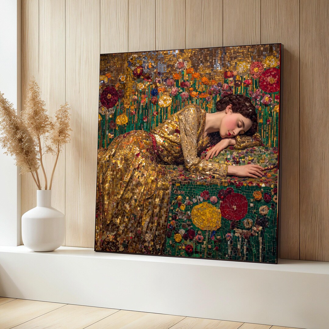 Gustav Klimt Style Sleeping Woman Canvas, Mosaic Floral Wall Art, Gold ...