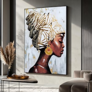 African Woman Canvas Painting, Elegant Black Art Print, Modern Boho Wall Art, Large Gold Decor, Ethnic Portrait Canvas, Luxury Gift
