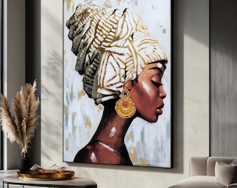 African Woman Canvas Painting, Elegant Black Art Print, Modern Boho Wall Art, Large Gold Decor, Ethnic Portrait Canvas, Luxury Gift