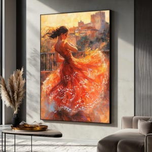 Spanische Tänzerin Leinwandgemälde, Flamenco Frau Wandkunst im roten Kleid, lebendige abstrakte Wohnkultur, Geschenk für Tanz- und Kunstliebhaber