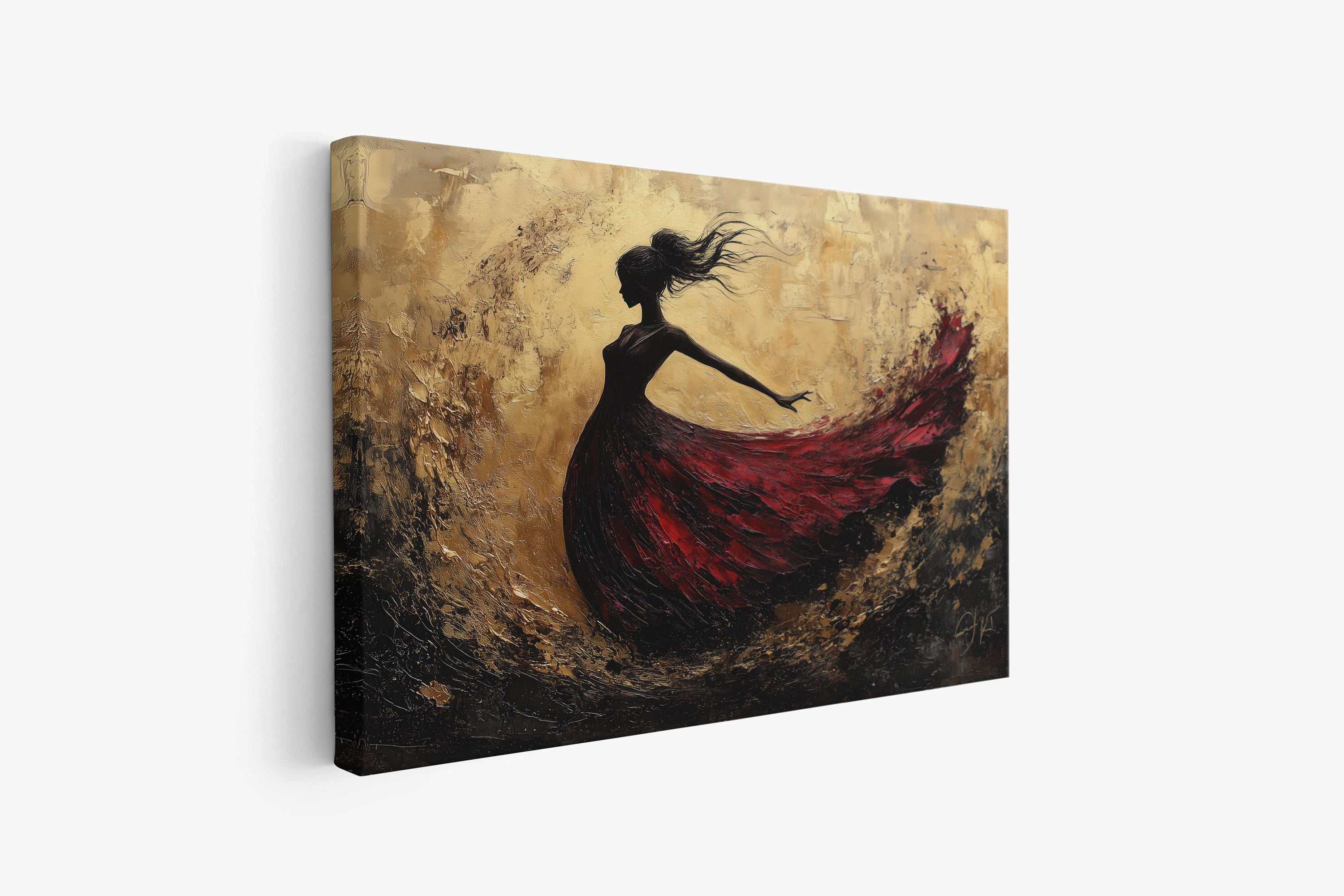 Silhouette Woman in Red Dress Canvas Painting, Elegant Modern Wall Art ...