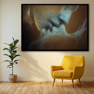 May include: Abstract painting of two people kissing, with their faces and bodies rendered in swirling lines of blue and brown.