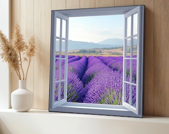 Lavender Field Canvas Painting with Open Window View, Purple Landscape Wall Art for Bedroom, Fake Window Canvas, Relaxing Nature Gift Idea