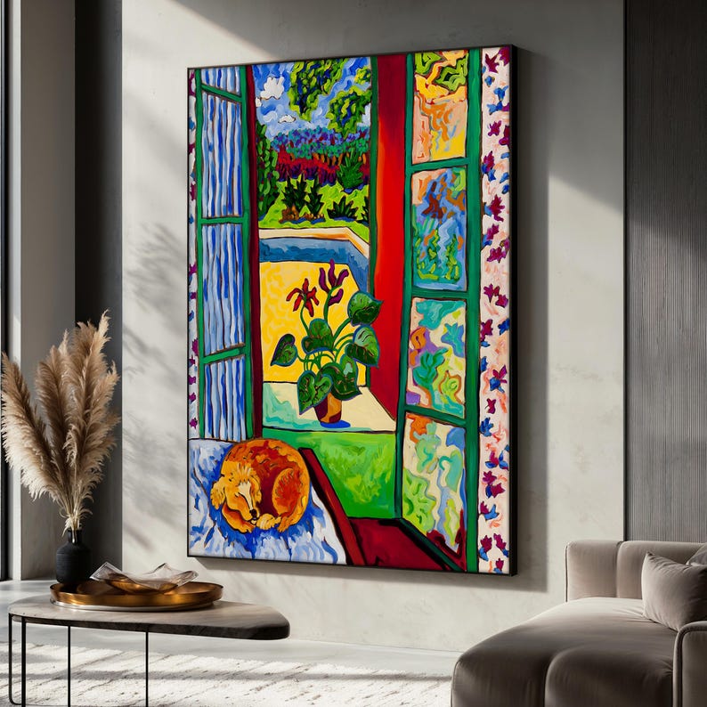 May include: A colourful abstract painting depicting a window with a view of a garden and a sleeping dog. The window is framed in green and has a red curtain. The garden is filled with green plants and flowers. The dog is lying on a blue and white blanket.