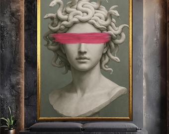 Cuadro moderno de Medusa con grafiti rosa y venda para los ojos, arte mural de mitología griega, decoración llamativa, regalo único para ella.