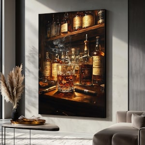 Whiskey Shelf Canvas Painting, Cigar and Liquor Wall Art for Bar or Lounge, Dark Alcohol Decor for Him, Man Cave Decor, Whiskey Art Gift