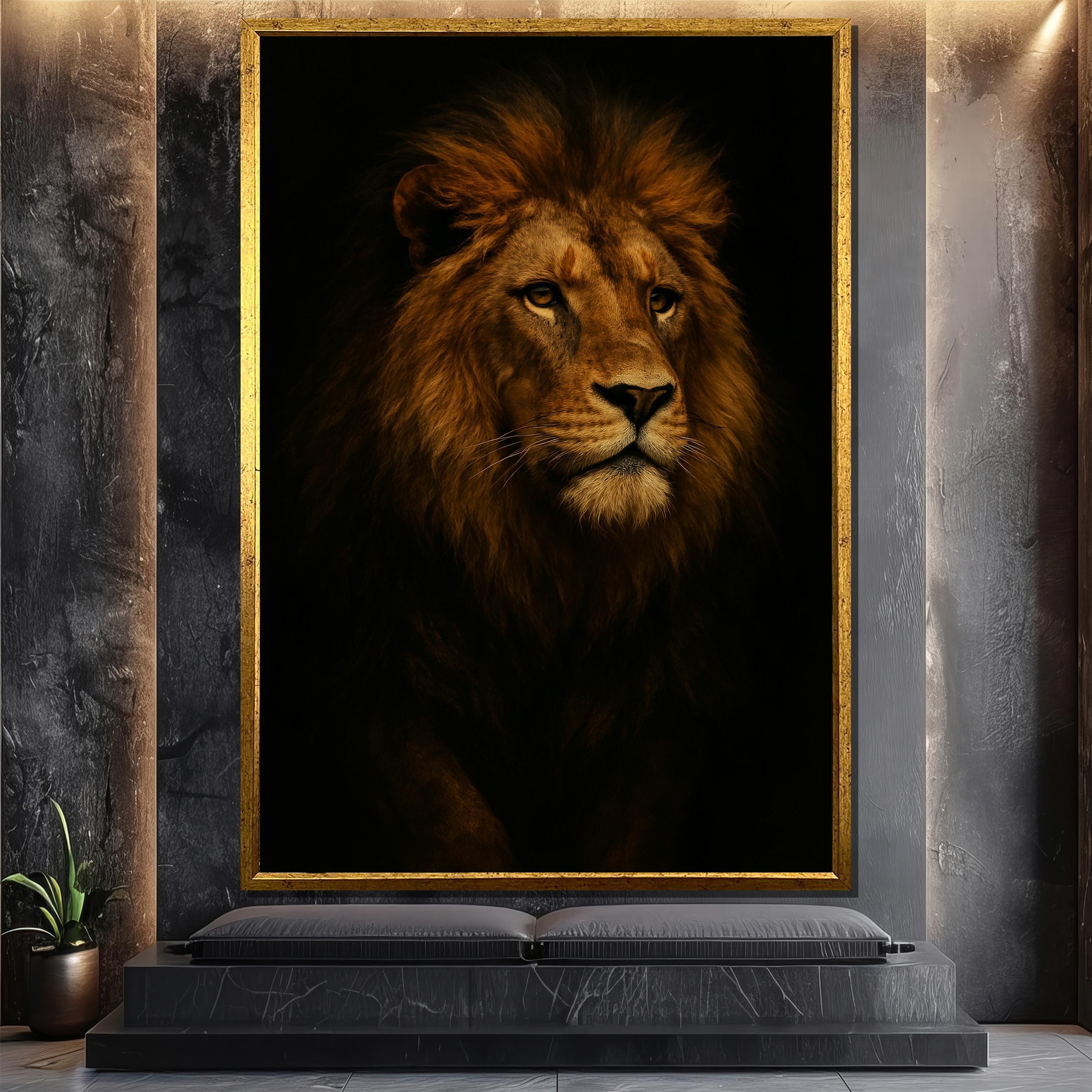Majestic Lion Canvas Painting in Dark Tones, Powerful Wildlife Wall Art ...