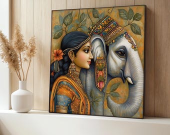 Indian Woman Canvas Painting, Elephant Wall Art, Ethnic Home Decor, Traditional Indian Artwork, Hindu Canvas, Colorful Wall Decor, Art Gift