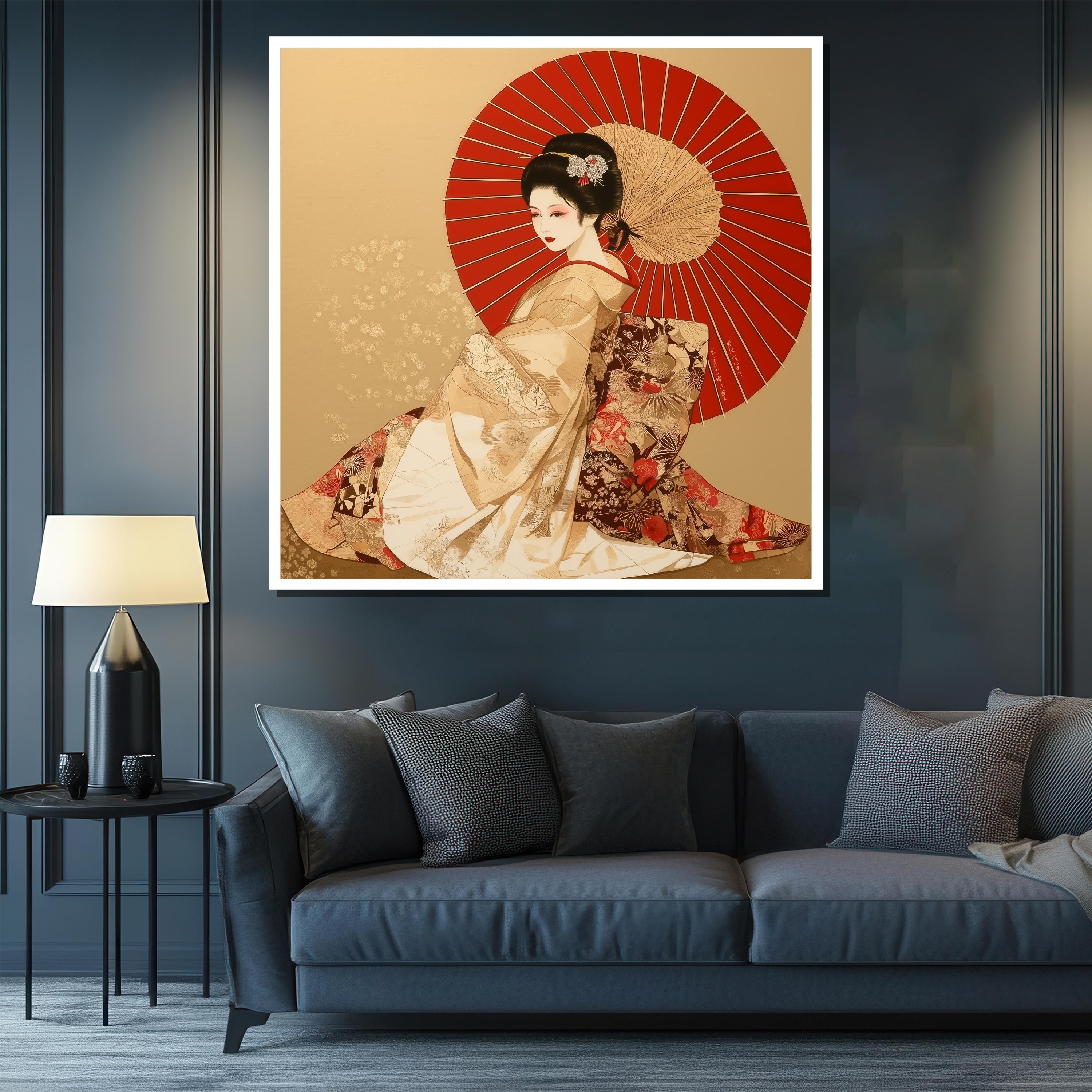 Japanese Woman in Traditional Kimono Canvas Painting, Elegant Geisha ...