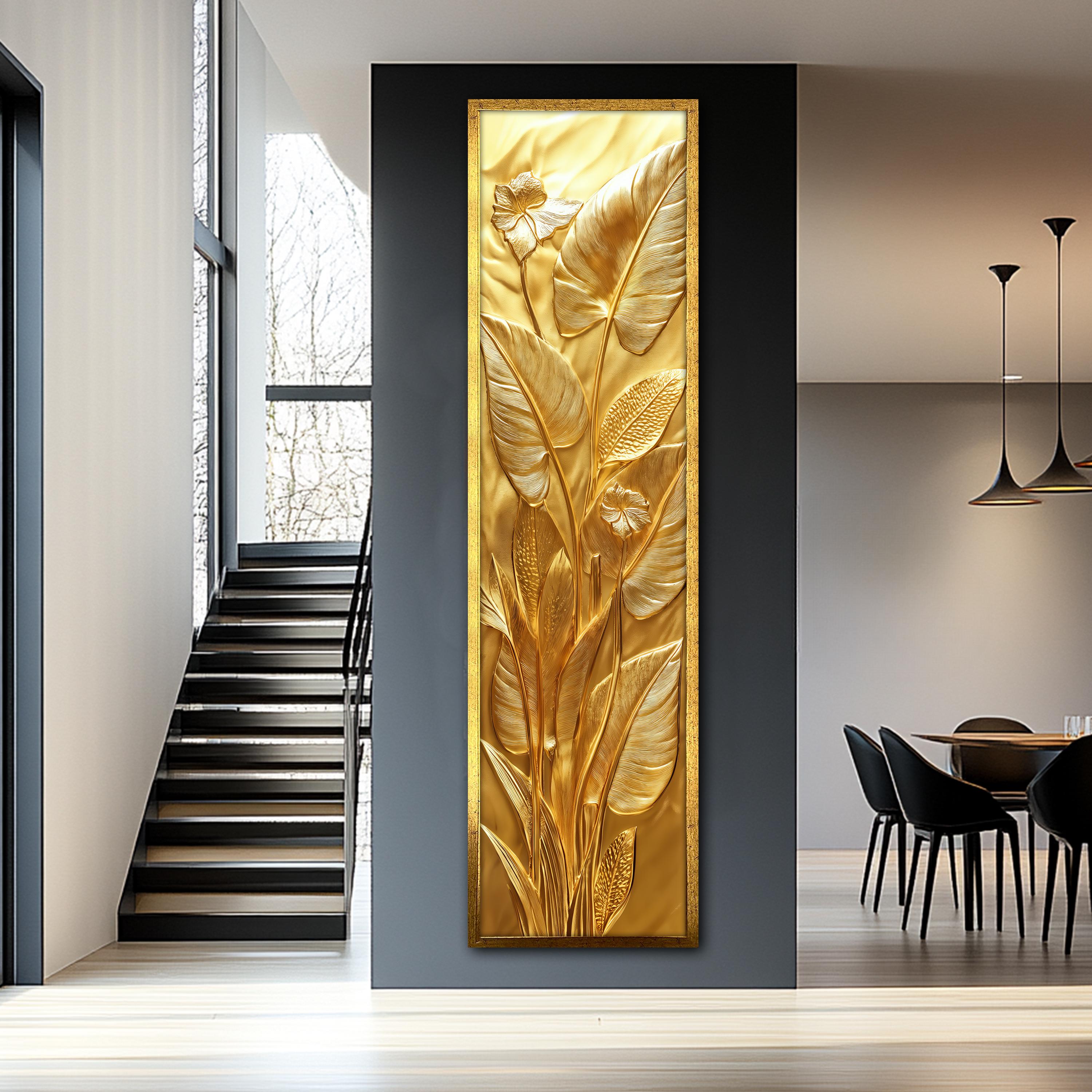 Gold Botanical Canvas Painting, Hallway Wall Art, Vertical Leaf and ...