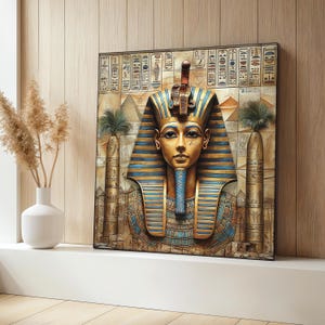 Peinture sur toile Pharaon Toutankhamon, art mural Egypte ancienne, décoration historique bleu or, impression de fond hiéroglyphe, cadeau d&#39;art unique