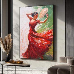 Spanische Flamenco Tänzerin Leinwanddruck im roten Kleid, Elegante Tanz Wandkunst, Modernes Wohndekor, Flamenco Kunstdruck, Leidenschaftliches Kunst Geschenk