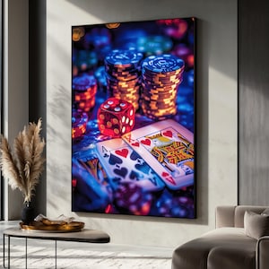 Kasino-Pokerkarten und Würfel-Segeltuchanstrich, lebendige Glücksspiel-Wandkunst für Spielraum-Dekor, Mannhöhlengeschenk, bunte Kasino-Kunst, Kunstgeschenk