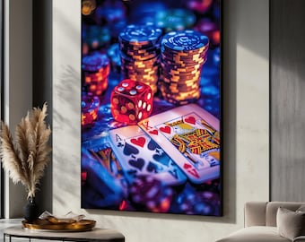 Casino Poker Cards and Dice Canvas Painting, Vibrant Gambling Wall Art for Game Room Decor, Man Cave Gift, Colorful Casino Artwork, Art Gift