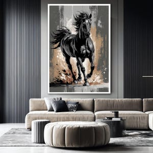 May include: A black horse running through a field of brown and gray brushstrokes. The horse is in focus, while the background is blurred. The horse is a powerful symbol of freedom and strength.