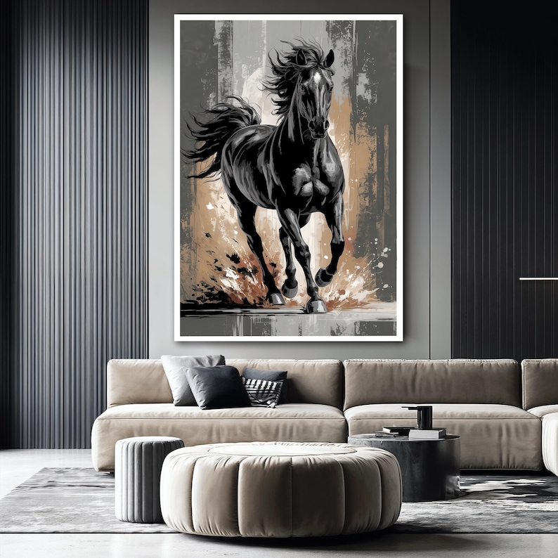 May include: A black horse running through a field of brown and gray brushstrokes. The horse is in focus, while the background is blurred. The horse is a powerful symbol of freedom and strength.