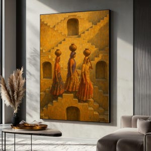 May include: A framed painting depicts three women in traditional Indian attire ascending a staircase. Each woman carries a pot on her head. The artwork features warm tones of yellow, orange, and brown, creating a sense of depth and cultural richness.