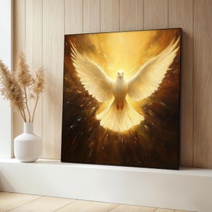 Golden Dove Canvas Painting, Holy Spirit Wall Art with Glowing Light, Christian Home Blessing Decor, Divine Bird Artwork, Perfect Gift