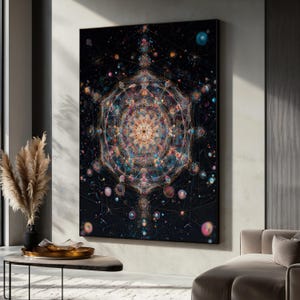 Sacred Geometry Canvas Painting, Cosmic Mandala Wall Art, Abstract Spiritual Decor, Colorful Energy Pattern Print, Spiritual Gift
