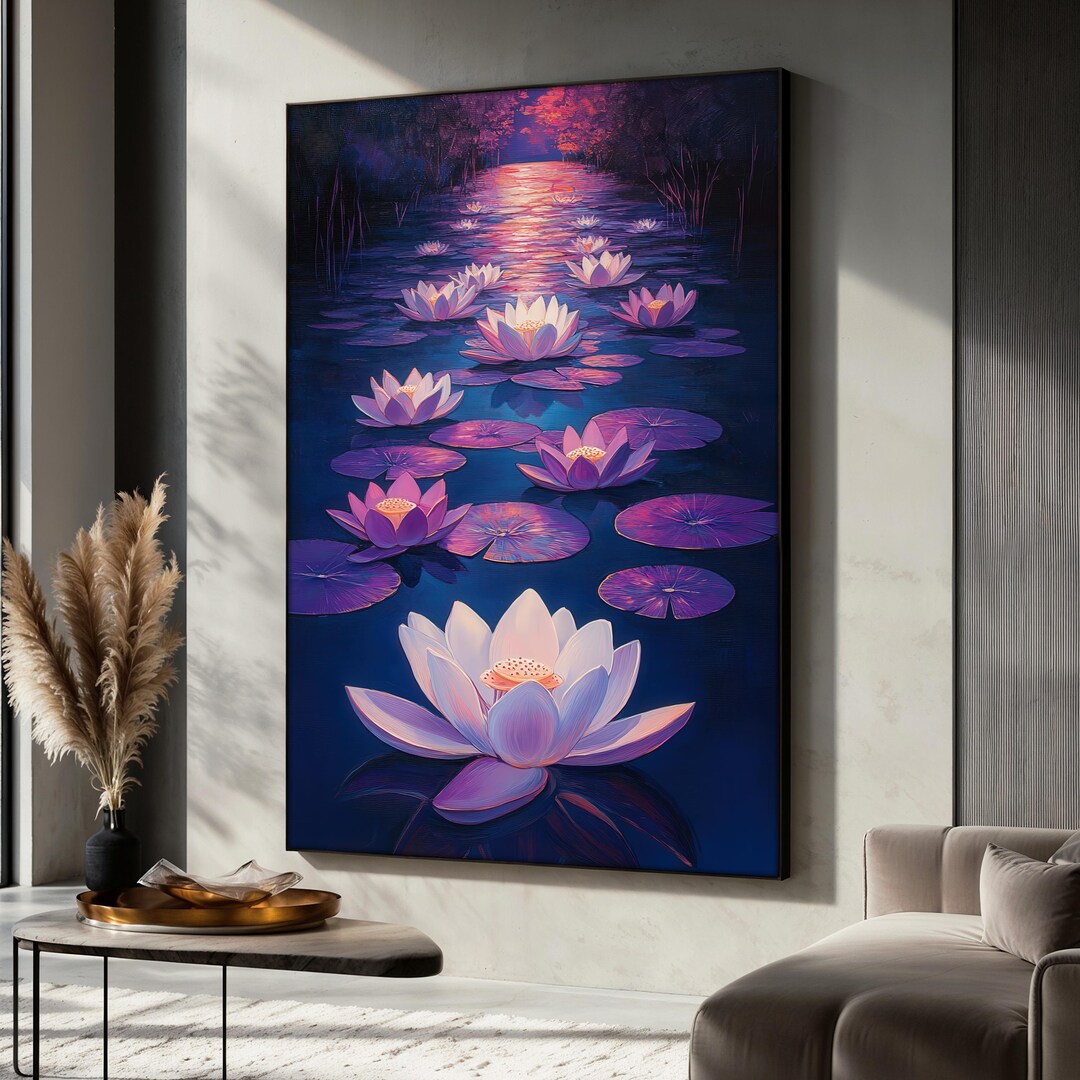 Purple Lotus Flower Canvas Painting, Tranquil Water Lily Wall Art ...