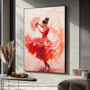 Flamenco Dancer Canvas Painting, Red Dress Wall Art for Living Room, Spanish Dance Gift for Her, Bold Elegant Home Decor