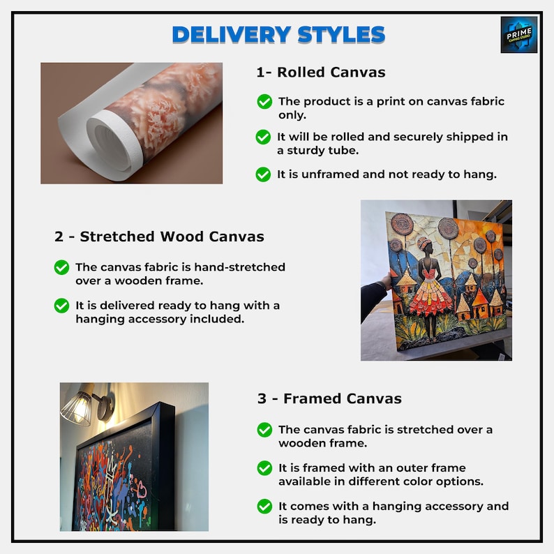 May include: Three different delivery styles for canvas prints are shown. Rolled canvas is shipped in a tube, stretched wood canvas is ready to hang, and framed canvas comes with a hanging accessory and is ready to hang.