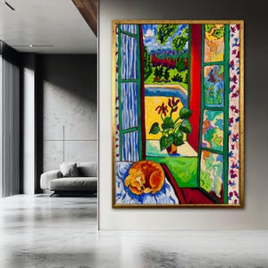 May include: A colourful painting of a dog sleeping in a room with an open window. The window looks out onto a garden with a pool and a plant in a pot. The painting is done in a style reminiscent of Matisse.