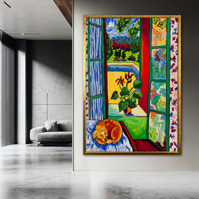 May include: A colourful painting of a dog sleeping in a room with an open window. The window looks out onto a garden with a pool and a plant in a pot. The painting is done in a style reminiscent of Matisse.
