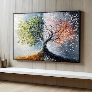 Four Seasons Tree Canvas Painting, Colorful Nature Wall Art, Seasonal Landscape Wall Decor, Abstract Tree Of Life Artwork, Unique Gift
