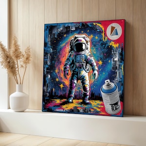 Astronaut Canvas Painting, Graffiti Street Art Wall Decor, Colorful Outer Space Print, Urban Galaxy Gift, Bold Modern Wall Art, Office Decor