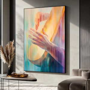 Colorful Guitar Canvas Painting, Vibrant Music Wall Art with Hands, Living Room Decor, Guitar Canvas,  Artistic Gift for Music Lover