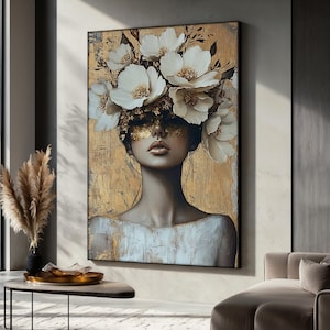 Floral Woman Canvas Painting, Elegant Female Portrait Wall Art, Modern Aesthetic Artwork For Bedroom, Living Room Decor, Beauty Art Gift