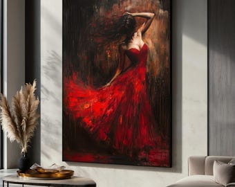 Sensual Woman in Red Canvas Painting, Emotional Dance Wall Art for Bedroom, Feminine Wall Decor, Passionate Decor Accent, Art Gift Idea