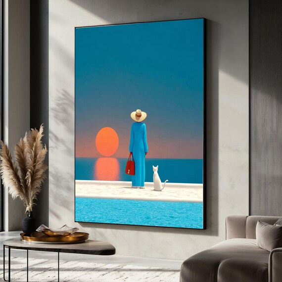 Woman and Cat Watching Sunset Canvas, Minimalist Seaside Wall Art, Modern Coastal Home Decor, Relaxing Ocean View Canvas Print