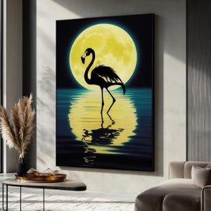 May include: A black silhouette of a flamingo standing in a body of water with a large, yellow moon reflecting in the water.