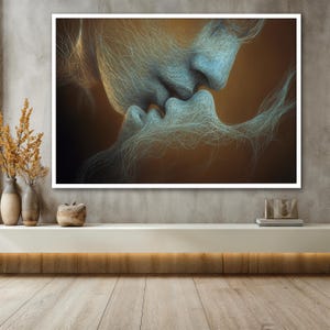 May include: Abstract painting of two people kissing. The painting is done in shades of blue and brown, with the figures' faces and bodies made up of swirling lines.