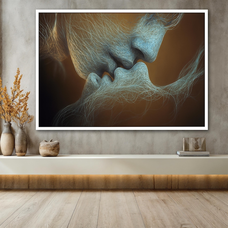 May include: Abstract painting of two people kissing. The painting is done in shades of blue and brown, with the figures' faces and bodies made up of swirling lines.