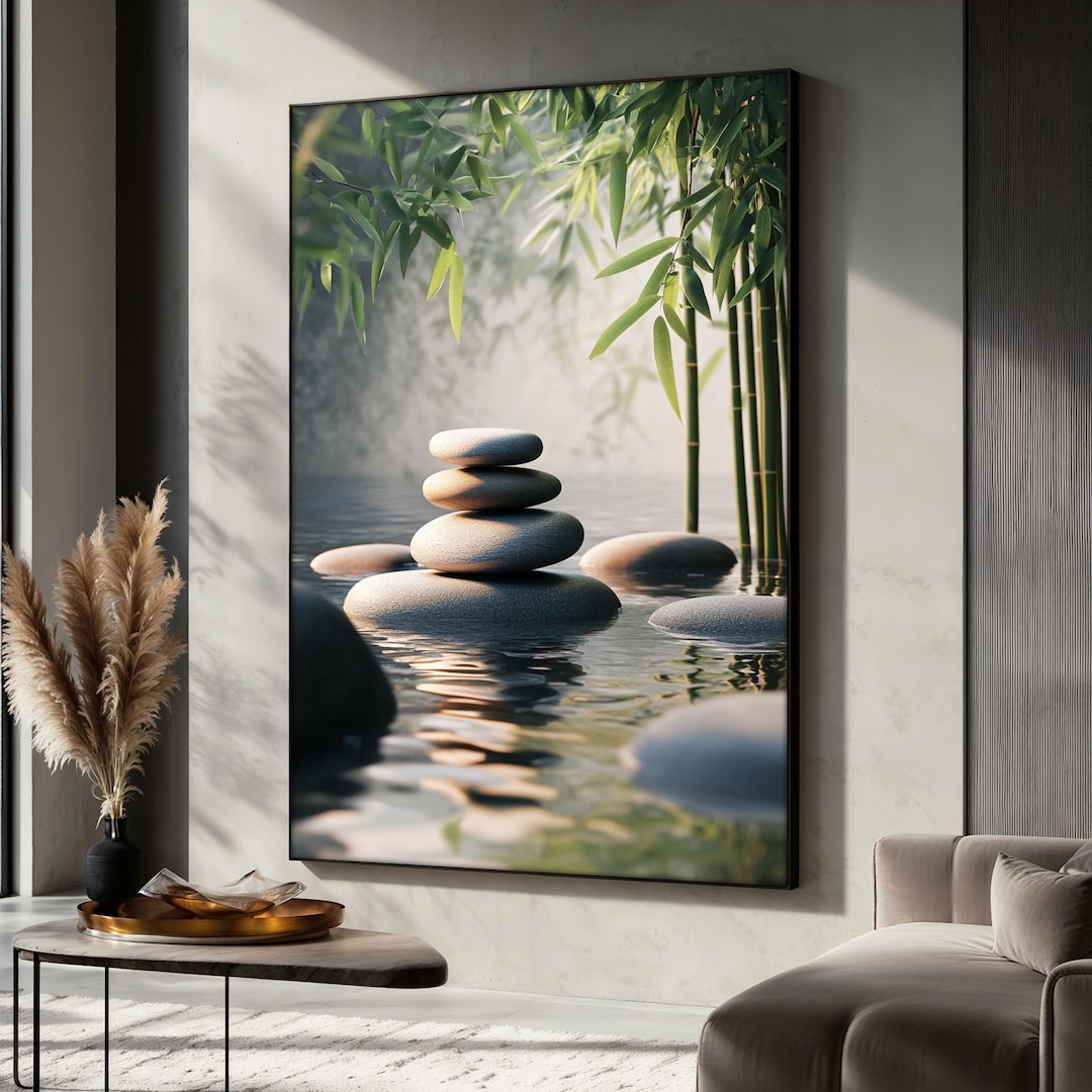 Zen Stone Art Print With Bamboo and Water Reflection, Peaceful Spa Wall ...