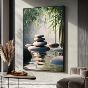 Zen Stone Art Print with Bamboo and Water Reflection, Peaceful Spa Wall Art, Calming Nature Decor, Minimalist Zen Canvas, Unique Gift Idea