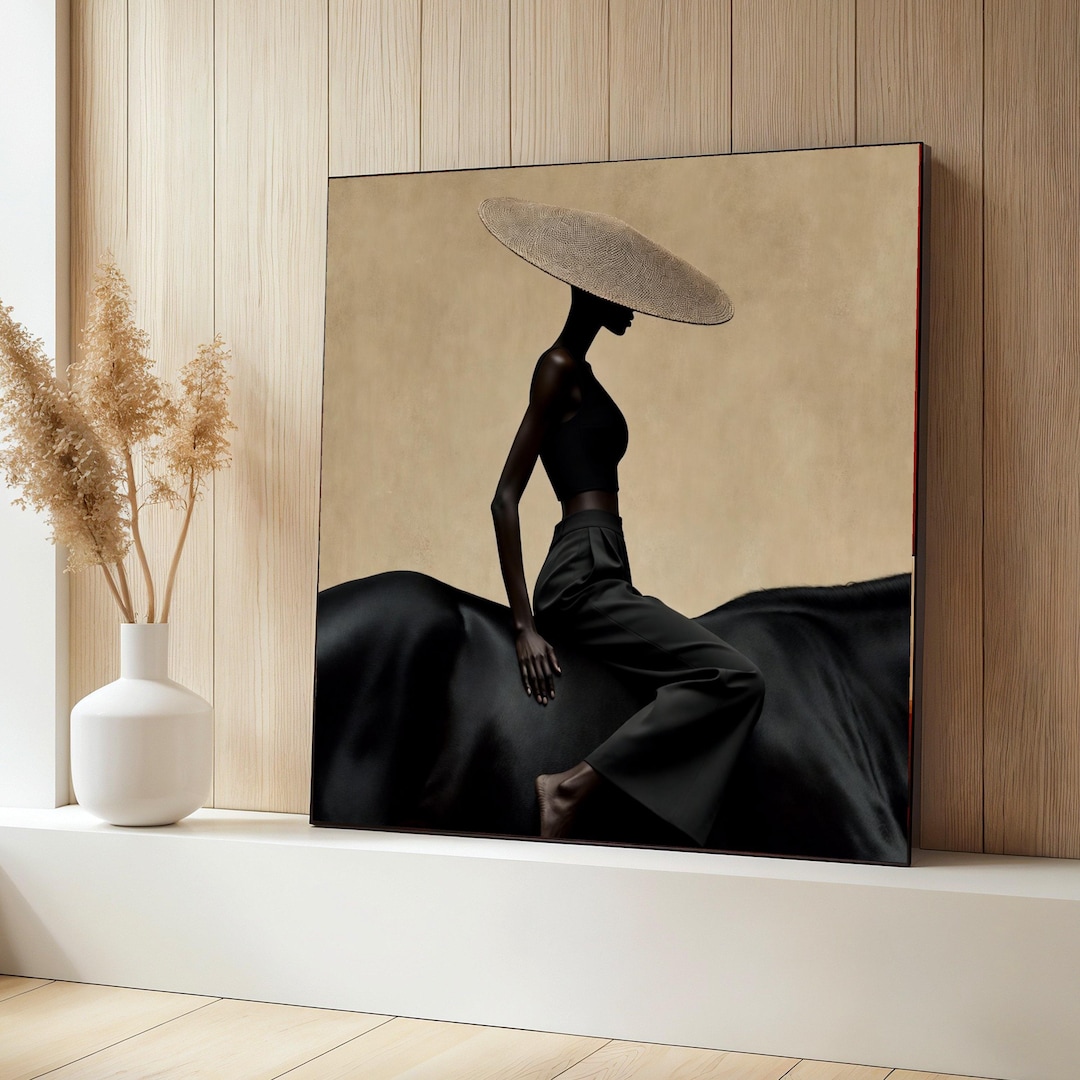 Elegant Silhouette With Wide Brim Hat, Modern Black Fashion Canvas ...