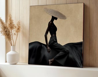 Elegant Silhouette with Wide Brim Hat, Modern Black Fashion Canvas, Minimalist Woman Portrait Art, Stylish Home Wall Décor, Contemporary