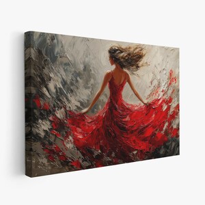 May include: A painting of a woman in a red dress with her back to the viewer. The dress is flowing in the wind and the woman's hair is blowing in the wind. The background is a gray and white abstract design.