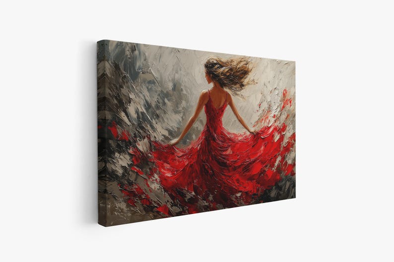 May include: A painting of a woman in a red dress with her back to the viewer. The dress is flowing in the wind and the woman's hair is blowing in the wind. The background is a gray and white abstract design.