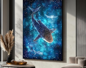Whale Shark Canvas Art Print, Cosmic Ocean Wall Art with Manta Rays, Galaxy Sea Life Art Decor, Shark Poster, Unique Gift for Marine Lovers