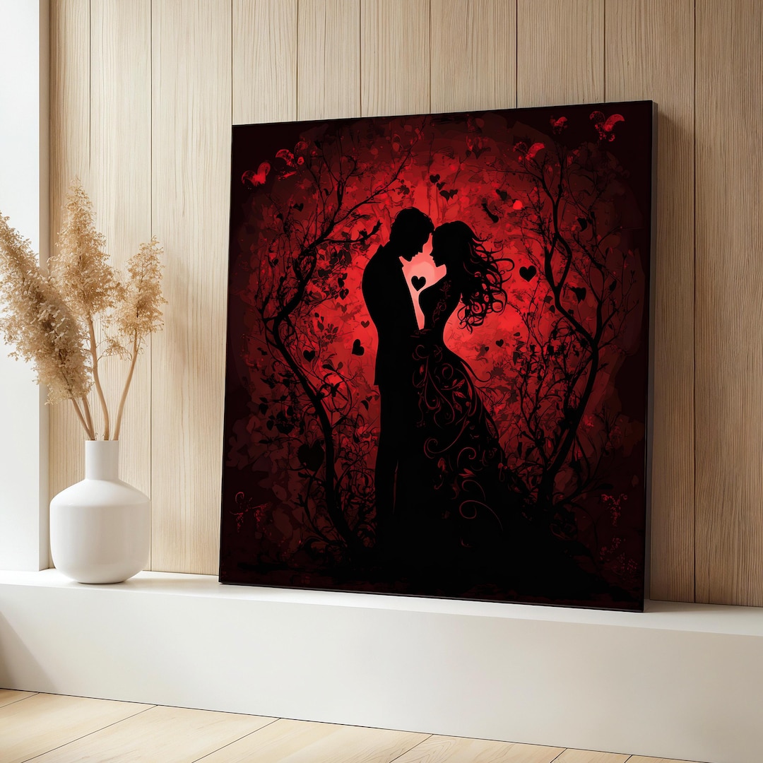 Romantic Couple Canvas Painting, Red Love Silhouette Wall Art ...